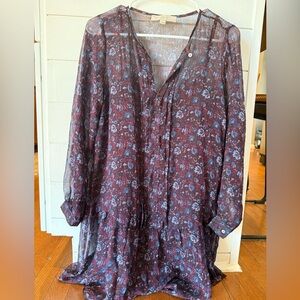 LOFT Sheer Floral Dress - Burgundy and Blue